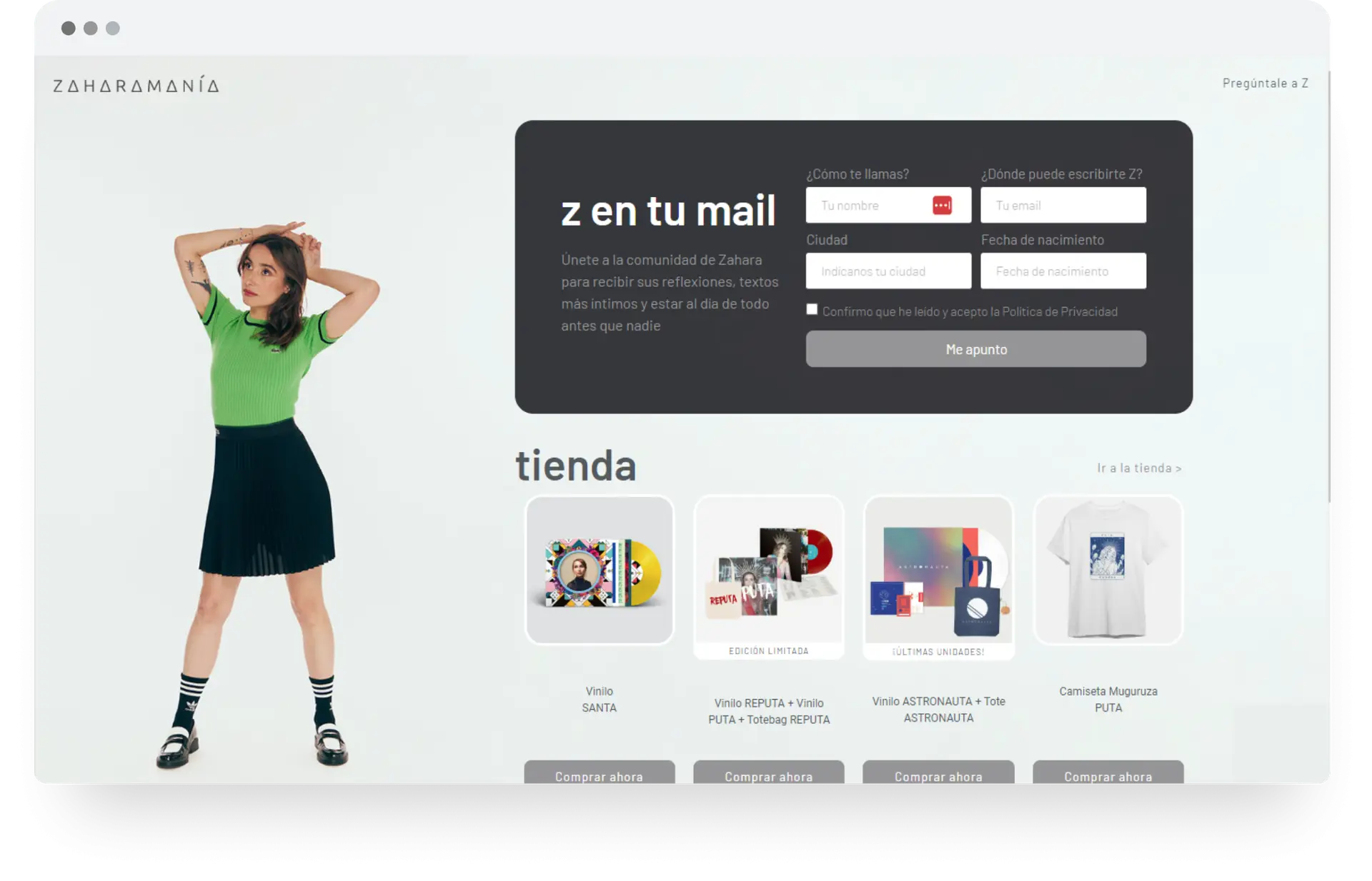 Diseño y desarrollo web para la cantante Zahara. Realizado por vorágine